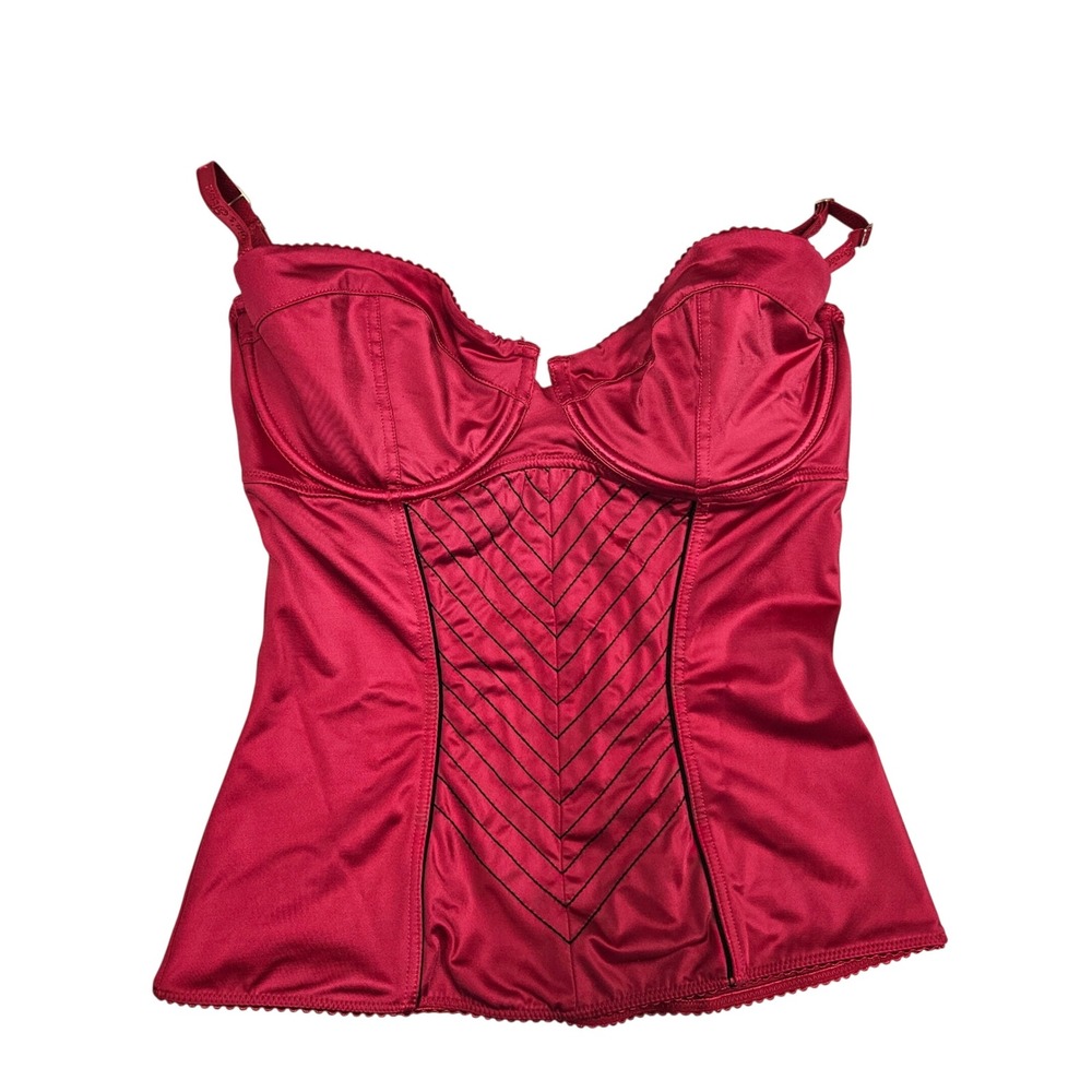 Victoria's Secret Bustier Top Womens 36D Red Satin Mesh Chevron Sexy Lingerie